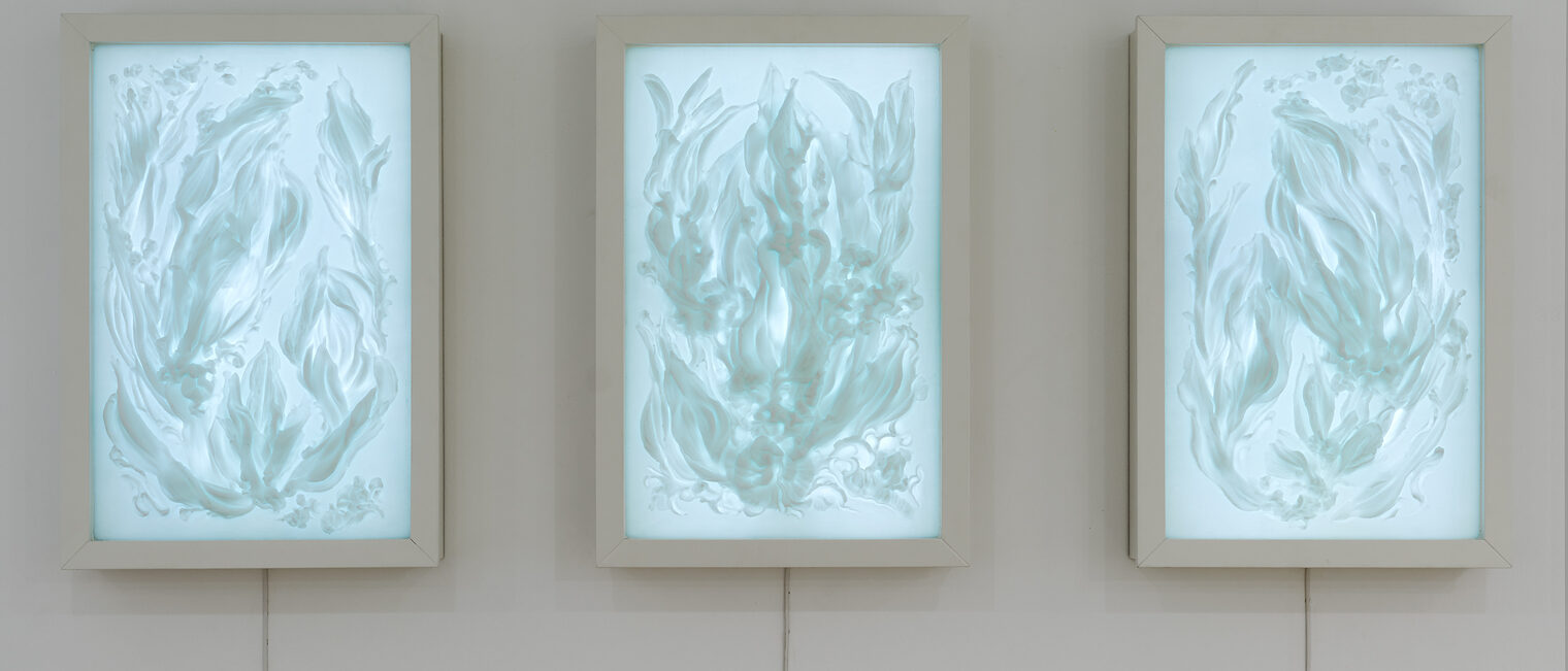 Drei gerahmte Lichtkästen an der Wand mit der ätherischen Darstellung von Wasser in Bewegung in eisblauer Farbe
