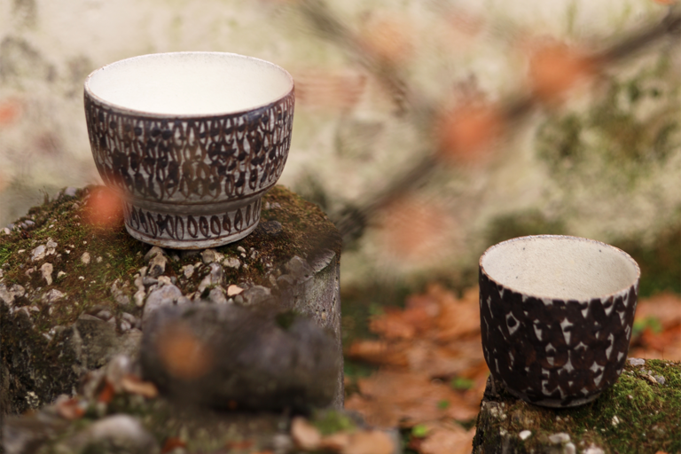 Zwei erdfarbene Keramikschalen in der herbstlichen Natur fotografiert.